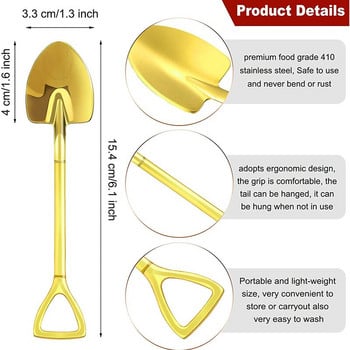 8 броя златни лъжици във формата на лопата от неръждаема стомана, лъжици във формата на лопата, кафе, сладолед, десертни лъжици за дома и партито