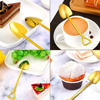 8 броя златни лъжици във формата на лопата от неръждаема стомана, лъжици във формата на лопата, кафе, сладолед, десертни лъжици за дома и партито