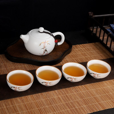 Ķīniešu tējas komplekts āra ceļojumiem Kung Fu tējas trauki Viens katls Četras tases Keramikas tējkanna Tējas tase Tējas ceremonija Portatīvie pakalpojumi Porcelāns