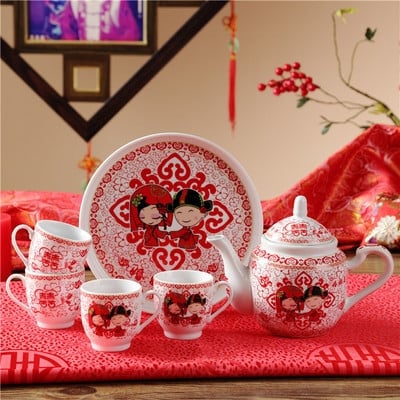 Keramická čajová súprava, kreatívna svadobná červená šálka, studená kanvica, domáci čajník v čínskom štýle, kung-fu čierny čaj, da hong pao riad