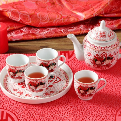 Keramická čajová súprava, kreatívna svadobná červená šálka, studená kanvica, domáci čajník v čínskom štýle, kung-fu čierny čaj, da hong pao riad
