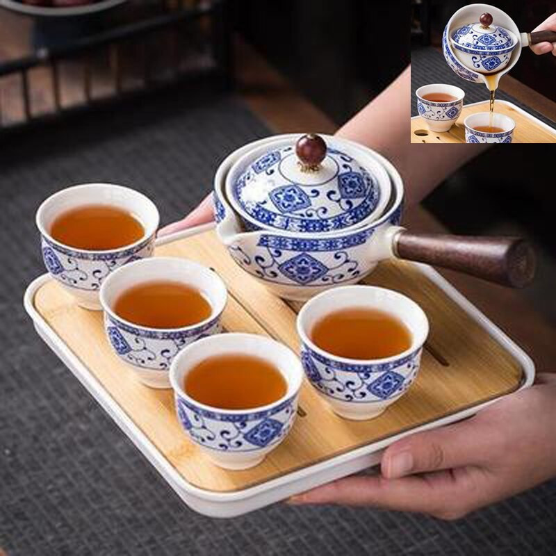 Keramická kanvica na čaj s drevenou rukoväťou, bočná rukoväť, domáci kung-fu oolong filter na čaj, kreatívny čajový riad, čajová súprava, tácka na šálky
