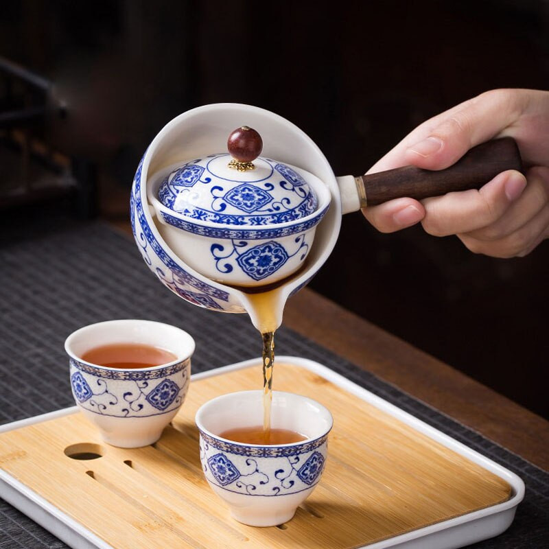 Keramická kanvica na čaj s drevenou rukoväťou, bočná rukoväť, domáci kung-fu oolong filter na čaj, kreatívny čajový riad, čajová súprava, tácka na šálky