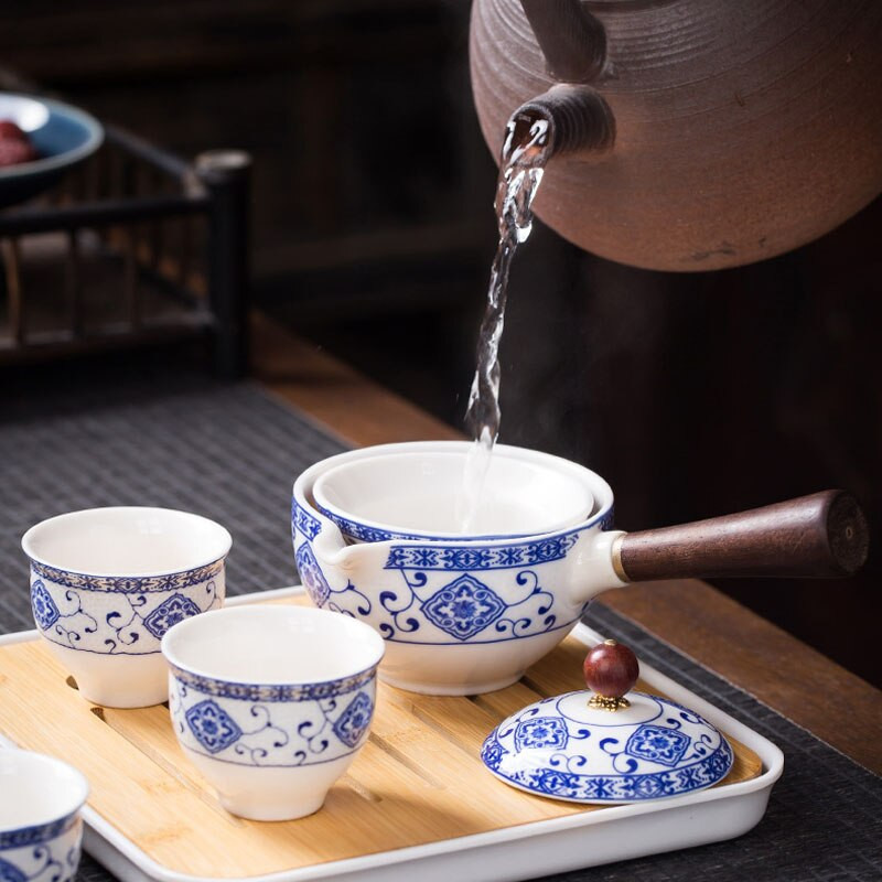 Keramická kanvica na čaj s drevenou rukoväťou, bočná rukoväť, domáci kung-fu oolong filter na čaj, kreatívny čajový riad, čajová súprava, tácka na šálky