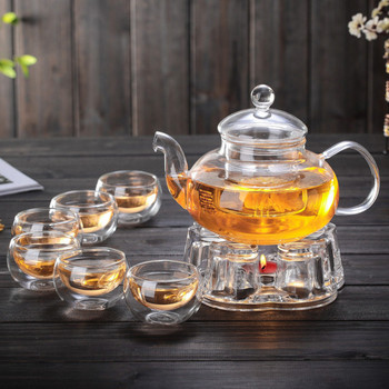 Σετ τσαγιέρα 600ml Γυάλινη τσαγιέρα ανθεκτική στη θερμότητα με στρογγυλή θήκη κεριών Flower Tea Kung Fu Tea Set Φλιτζάνια τσαγιού Teaware Teapots Δώρα