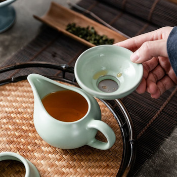 Керамичен сервиз за чай Kung Fu Разделена чаша за чай Комплект филтър за чай Странична дръжка Чаша за приготвяне на чай Фина цедка за чай с основа Ru Kiln Чаен прибор