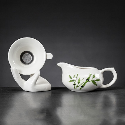 Kerámia Kung Fu teáskészlet osztott teáscsésze teaszűrő készlet oldalfogantyús sörfőzési teáscsésze finom teaszűrő alap Ru kemence teáskészlettel