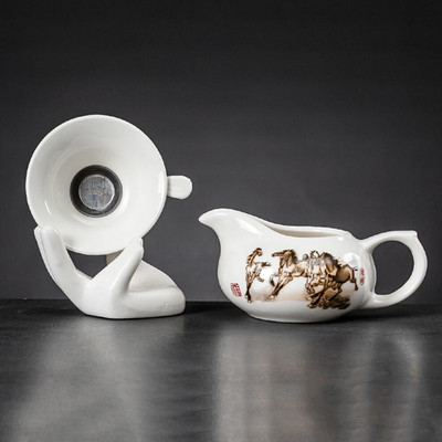 Kerámia Kung Fu teáskészlet osztott teáscsésze teaszűrő készlet oldalfogantyús sörfőzési teáscsésze finom teaszűrő alap Ru kemence teáskészlettel