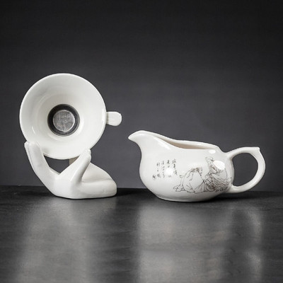 Kerámia Kung Fu teáskészlet osztott teáscsésze teaszűrő készlet oldalfogantyús sörfőzési teáscsésze finom teaszűrő alap Ru kemence teáskészlettel