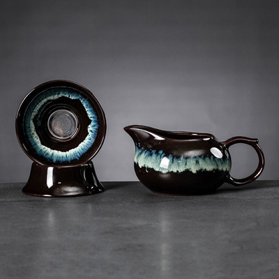 Kerámia Kung Fu teáskészlet osztott teáscsésze teaszűrő készlet oldalfogantyús sörfőzési teáscsésze finom teaszűrő alap Ru kemence teáskészlettel