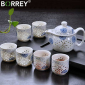 BORREY 7 бр. Сервиз за чай от костен Китай Керамичен чайник Синьо-бяла чаша за чайник Порцеланов сервиз за чай Kung Fu Изискана подаръчна кутия за прибори за чай