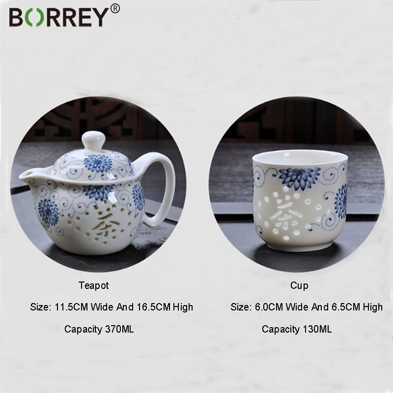 BORREY 7 бр. Сервиз за чай от костен Китай Керамичен чайник Синьо-бяла чаша за чайник Порцеланов сервиз за чай Kung Fu Изискана подаръчна кутия за прибори за чай