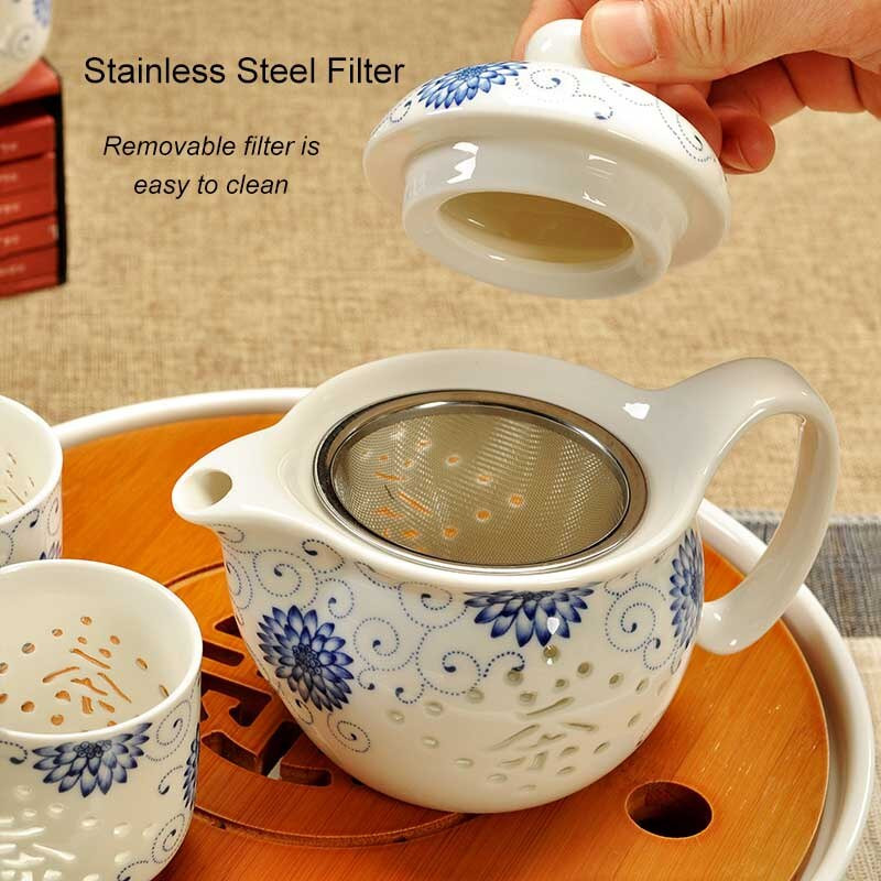 BORREY 7 бр. Сервиз за чай от костен Китай Керамичен чайник Синьо-бяла чаша за чайник Порцеланов сервиз за чай Kung Fu Изискана подаръчна кутия за прибори за чай