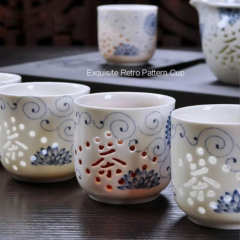 BORREY 7 бр. Сервиз за чай от костен Китай Керамичен чайник Синьо-бяла чаша за чайник Порцеланов сервиз за чай Kung Fu Изискана подаръчна кутия за прибори за чай