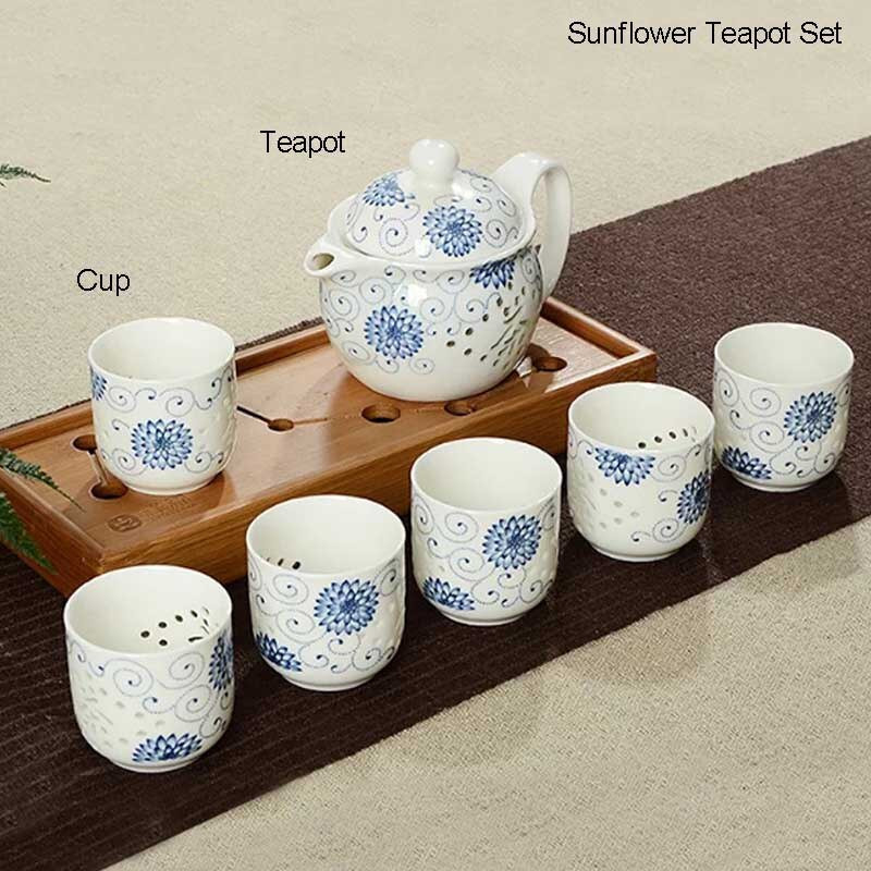 BORREY 7 бр. Сервиз за чай от костен Китай Керамичен чайник Синьо-бяла чаша за чайник Порцеланов сервиз за чай Kung Fu Изискана подаръчна кутия за прибори за чай