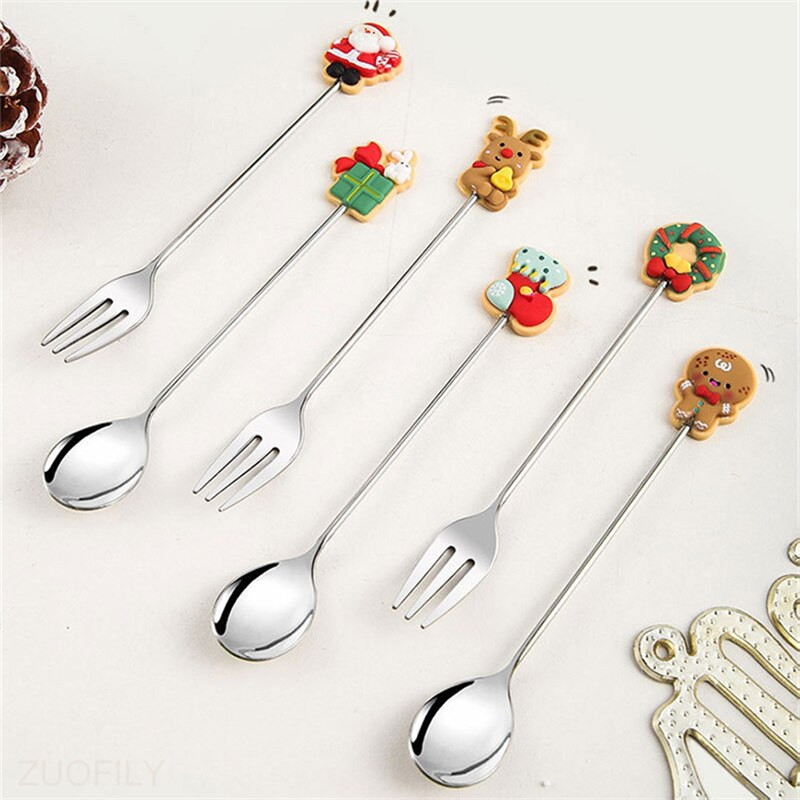 Nova božićna žlica od nehrđajućeg čelika Žlica za sladoled za desert Crtić Djed Božićnjak Čovječuljak medenjak Vilica za voće Party Žlica za miješanje kave