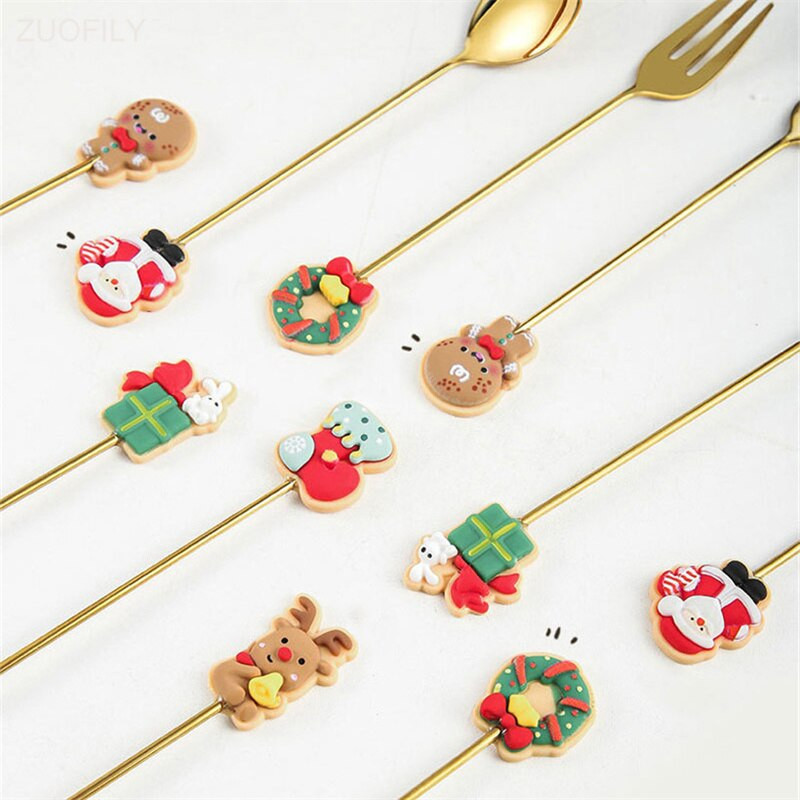 Nova božićna žlica od nehrđajućeg čelika Žlica za sladoled za desert Crtić Djed Božićnjak Čovječuljak medenjak Vilica za voće Party Žlica za miješanje kave
