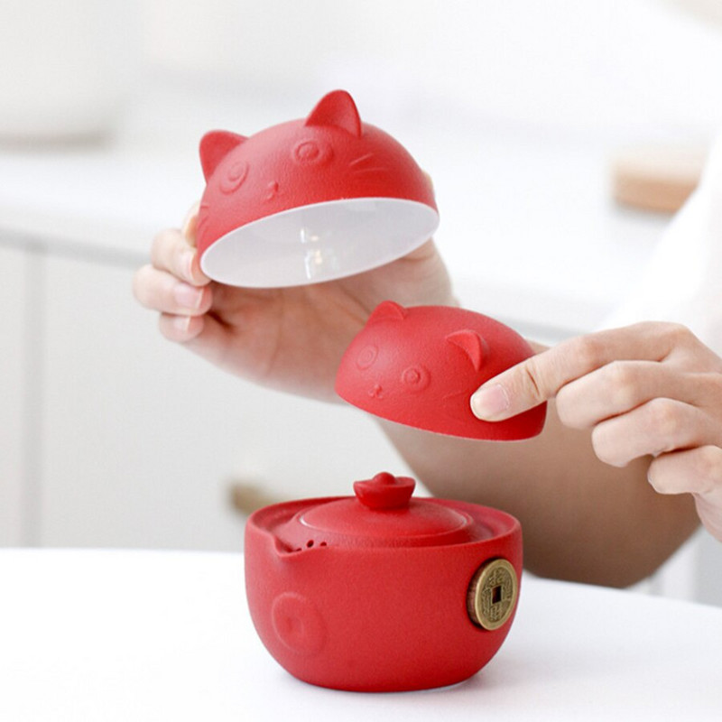Maneki Neko Lucky Cat Design Keramický čaj na jednu šálku s 2 šálkami Cestovná čajová súprava s cestovnou taškou Darčekový riad