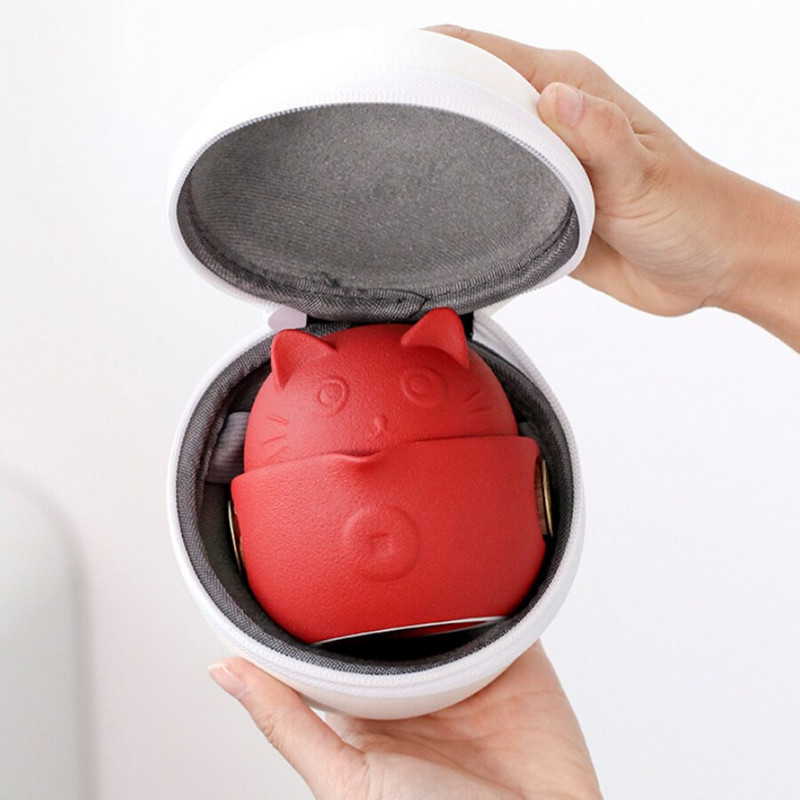 Maneki Neko Lucky Cat Design Keramický čaj na jednu šálku s 2 šálkami Cestovná čajová súprava s cestovnou taškou Darčekový riad