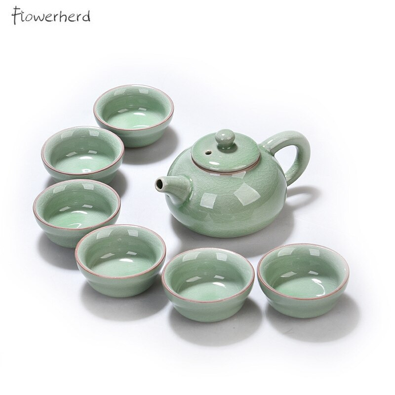 Keraminis Kung Fu arbatos rinkinys Arbatinukas Vienas arbatinukas Šeši arbatos puodeliai Celadon Kinijos arbatos rinkinys Ledo arbatos puodelio rinkinys 6 arbatinuko ir puodelių rinkinys