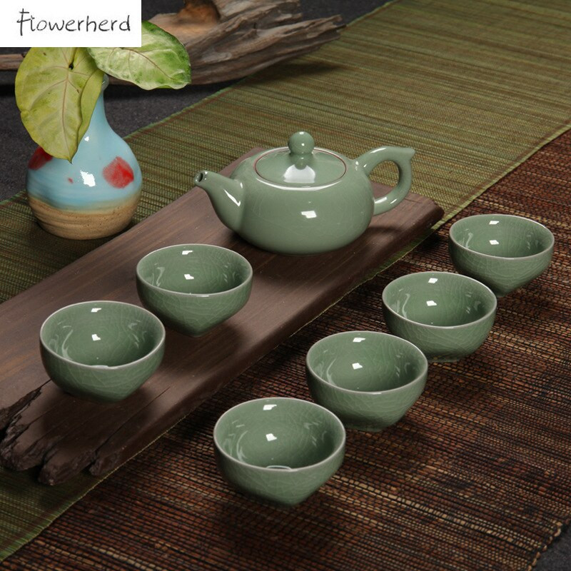 Keraminis Kung Fu arbatos rinkinys Arbatinukas Vienas arbatinukas Šeši arbatos puodeliai Celadon Kinijos arbatos rinkinys Ledo arbatos puodelio rinkinys 6 arbatinuko ir puodelių rinkinys