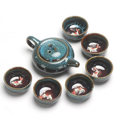7Ps Čínska čajová súprava Kung Fu Keramická glazúrovaná kanvica na čaj Porcelánová súprava na čaj Prenosné šálky čaju na čajový obrad Súpravy čajového riadu Darček pre priateľa