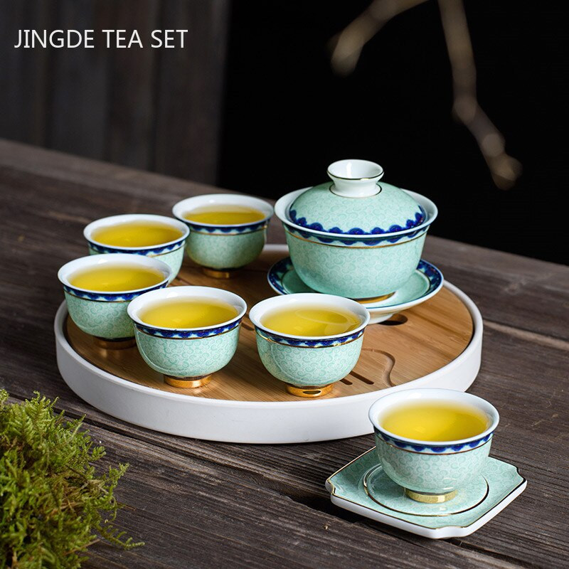 Antik kék-fehér porcelán teáskanna készlet Háztartási kerámia szűrős teafőző Kínai teáskanna és csésze készlet teásedény Ajándékok