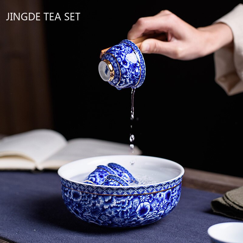 Antik kék-fehér porcelán teáskanna készlet Háztartási kerámia szűrős teafőző Kínai teáskanna és csésze készlet teásedény Ajándékok