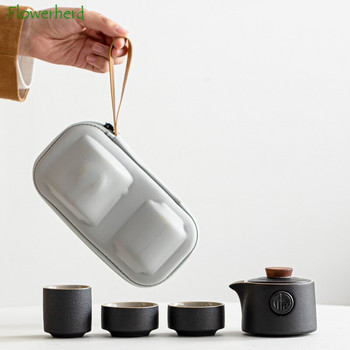 Пътуващ керамичен сервиз за чай Kung Fu Чайни прибори Черна керамика Преносим чайник и комплект чаши Китайски комплект чайник Една тенджера Две чаши Комплект кана за чай