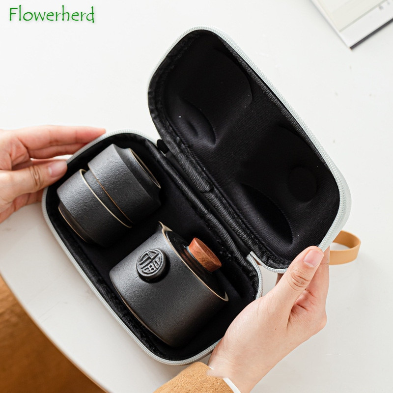 Putni keramički Kung Fu set za čaj Posuđe za čaj od crne keramike Prijenosni set za čaj i šalicu Kineski set za čaj Jedan lonac Dvije šalice Set za čaj