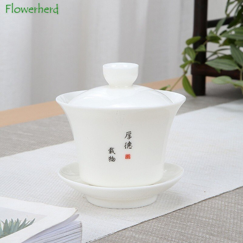 Keraminiai porcelianiniai „Gaiwan“ arbatos indai grynai baltai piešimo aukso avienos riebalai nefrito „Sancai“ dangteliu dubenėlio lėkštė Buitinis Kung Fu arbatos rinkinys