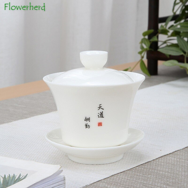 Keraminiai porcelianiniai „Gaiwan“ arbatos indai grynai baltai piešimo aukso avienos riebalai nefrito „Sancai“ dangteliu dubenėlio lėkštė Buitinis Kung Fu arbatos rinkinys