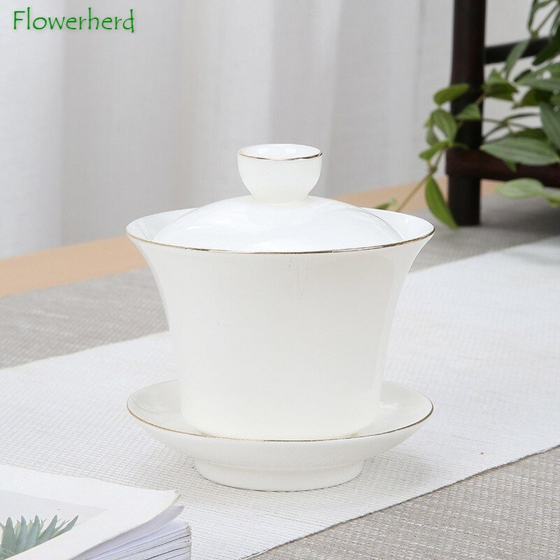 Keraminiai porcelianiniai „Gaiwan“ arbatos indai grynai baltai piešimo aukso avienos riebalai nefrito „Sancai“ dangteliu dubenėlio lėkštė Buitinis Kung Fu arbatos rinkinys