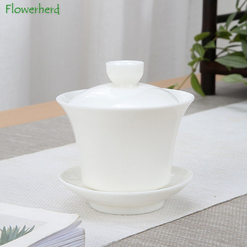 Keraminiai porcelianiniai „Gaiwan“ arbatos indai grynai baltai piešimo aukso avienos riebalai nefrito „Sancai“ dangteliu dubenėlio lėkštė Buitinis Kung Fu arbatos rinkinys