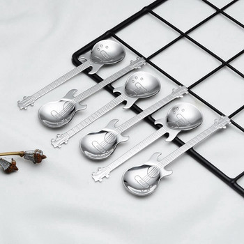 Китарни лъжички за кафе 6 пакета Творчески сладки лъжици Чаени лъжици от неръждаема стомана Лъжица за разбъркване С форма на китара (сребро)