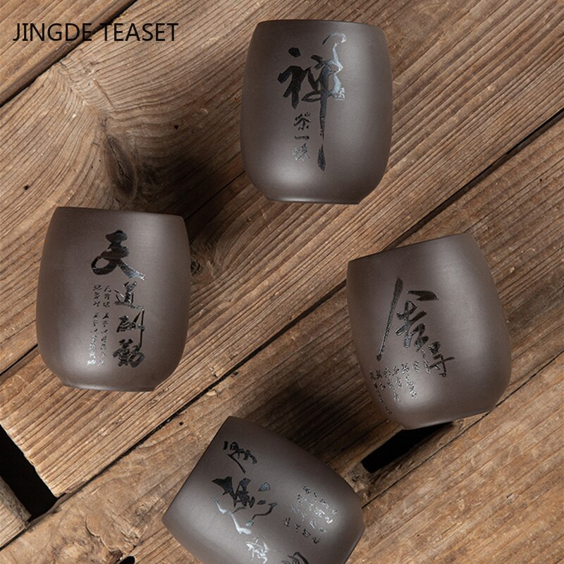 4 db/tétel Kínai lila agyag teáscsésze Kézzel készített teástál Mester csésze Személyes egypohár italos edények Személyre szabott teáskészlet tartozékok