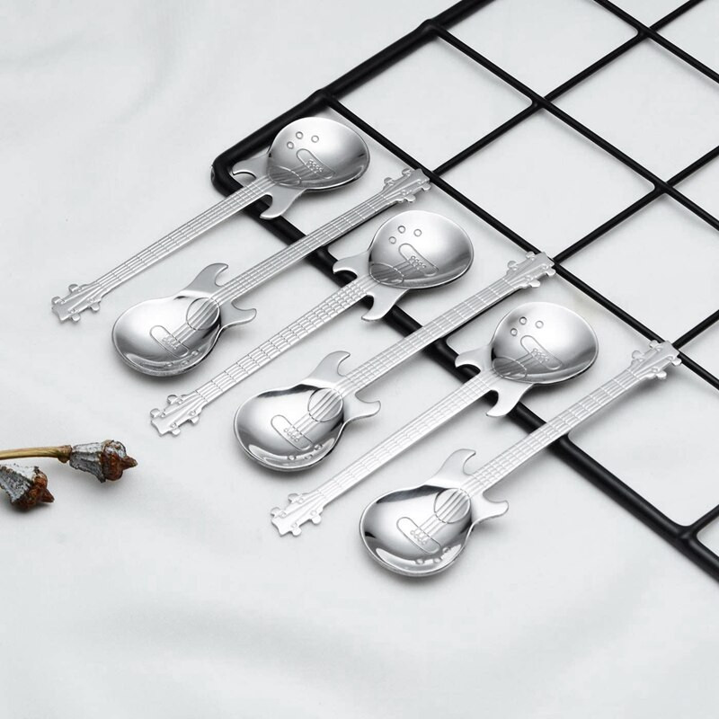 Gitár kávéskanál 6 csomagos kreatív aranyos kanalak rozsdamentes acél teáskanál keverőkanál gitár alakú (ezüst)