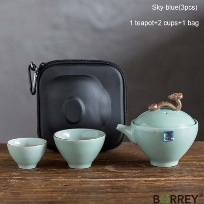 Cestovná čajová súprava a puzdro BORREY, keramický prenosný čajový riad, porcelánová kanvica na čaj a 2 šálky čaju Kung Fu, čajový obrad, šálka Gaiwan