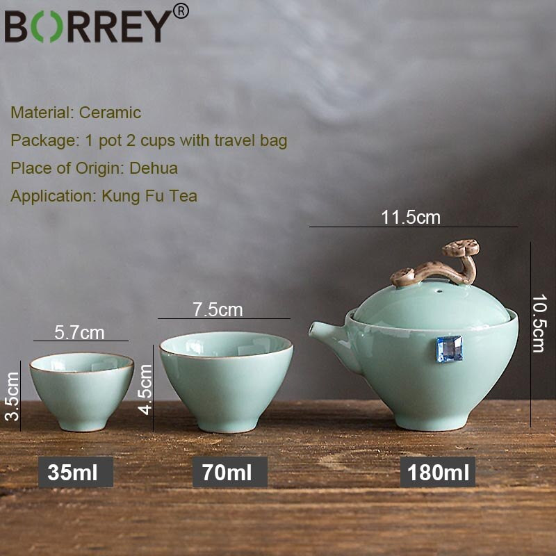 Cestovná čajová súprava a puzdro BORREY, keramický prenosný čajový riad, porcelánová kanvica na čaj a 2 šálky čaju Kung Fu, čajový obrad, šálka Gaiwan