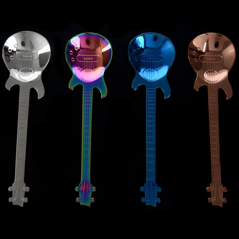 Set 8 linguri de cafea din oțel inoxidabil în formă de chitară linguri de demitasse linguri de desert lingură de zahăr ustensil drăguț de bucătărie