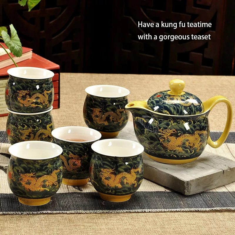 Čínska keramická čajová súprava Kung Fu porcelánová čajová šálka sada kanvíc Dračí čajník šálka Kungfu čajová súprava Puer Oolong čajový riad