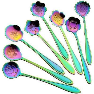 8 gėlių šaukštų rinkinys, 410 nerūdijančio plieno daugkartinio naudojimo arbatos šaukštelis, maišymo šaukštas, kavos šaukštas arbatos stalo reikmenys (ilgis: 4,9 colio, „Rainbo“)