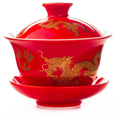 SET DE CEAI DRAGON ROSU GAIWAN pictat manual, CEAAI KUNG FU VASC DE CEAI pictat manual SET DE CEAI GAI WAN BOWL CUPA PORCELAN