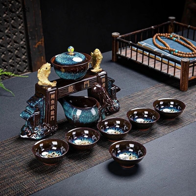 9 ks/sada Retro pec na výmenu čaju Lazy Man Tea Set Prenosná keramická poloautomatická šálka na čaj Porcelánový čajový riad pre domácnosť