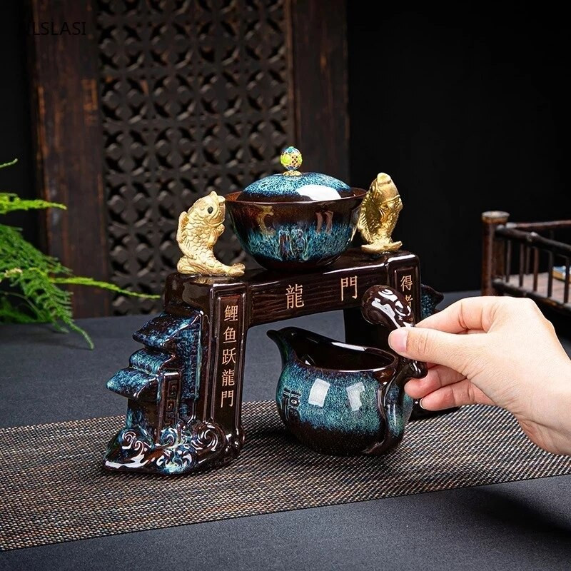 9 ks/sada Retro pec na výmenu čaju Lazy Man Tea Set Prenosná keramická poloautomatická šálka na čaj Porcelánový čajový riad pre domácnosť