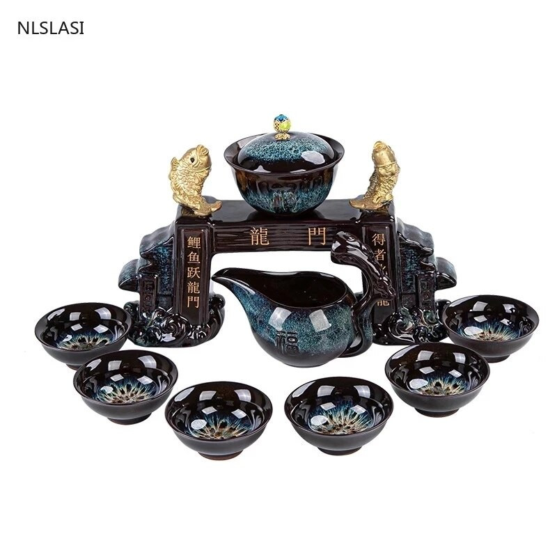 9 ks/sada Retro pec na výmenu čaju Lazy Man Tea Set Prenosná keramická poloautomatická šálka na čaj Porcelánový čajový riad pre domácnosť