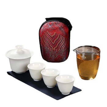 Съдове Керамични чайници с 3 чаени чаши Порцелан Gaiwan Kung Fu Teaset Преносими прибори за чай Пътуващ сервиз за чай Подаръци