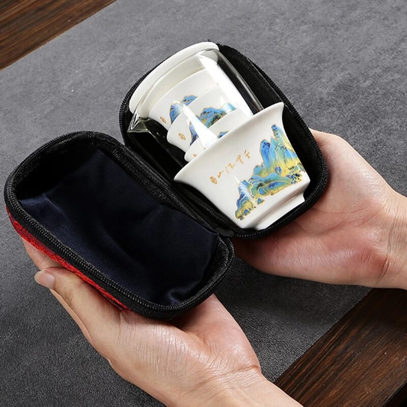 Edények kerámia teáskannák 3 teáscsészével Porcelán Gaiwan Kung Fu teaset Hordozható teáskészlet Utazási teáskészlet Italkészlet Ajándékok