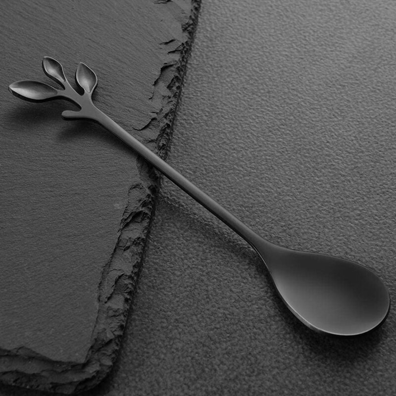 Kavos šaukštų rinkinys Espreso šaukštai desertinei arbatai nerūdijančio plieno maišymo ir maišymo šaukštų-lapų šaukštų rinkinys iš 16 juodų