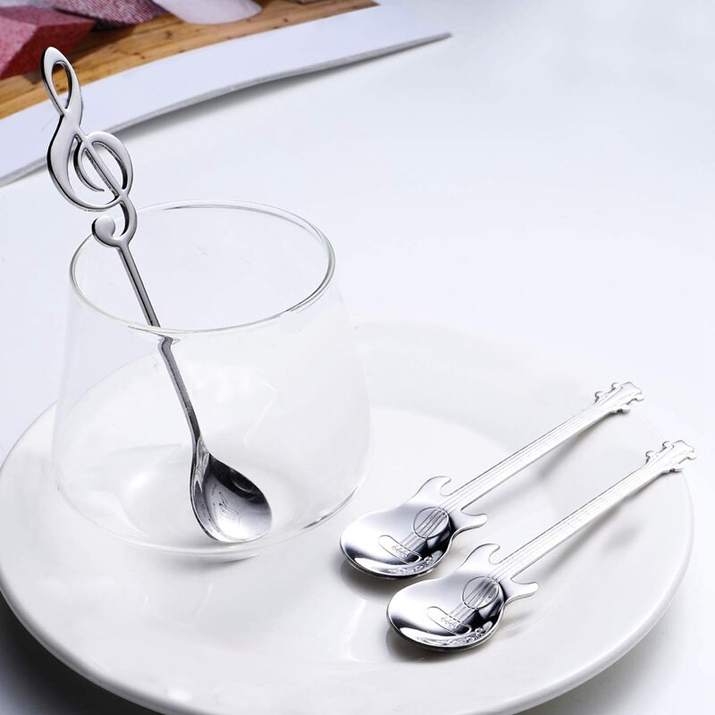 Linguri de cafea, pachet de 6 lingurițe creative drăguțe, din oțel inoxidabil, în formă de notație muzicală (3 note muzicale + 3 chitare)